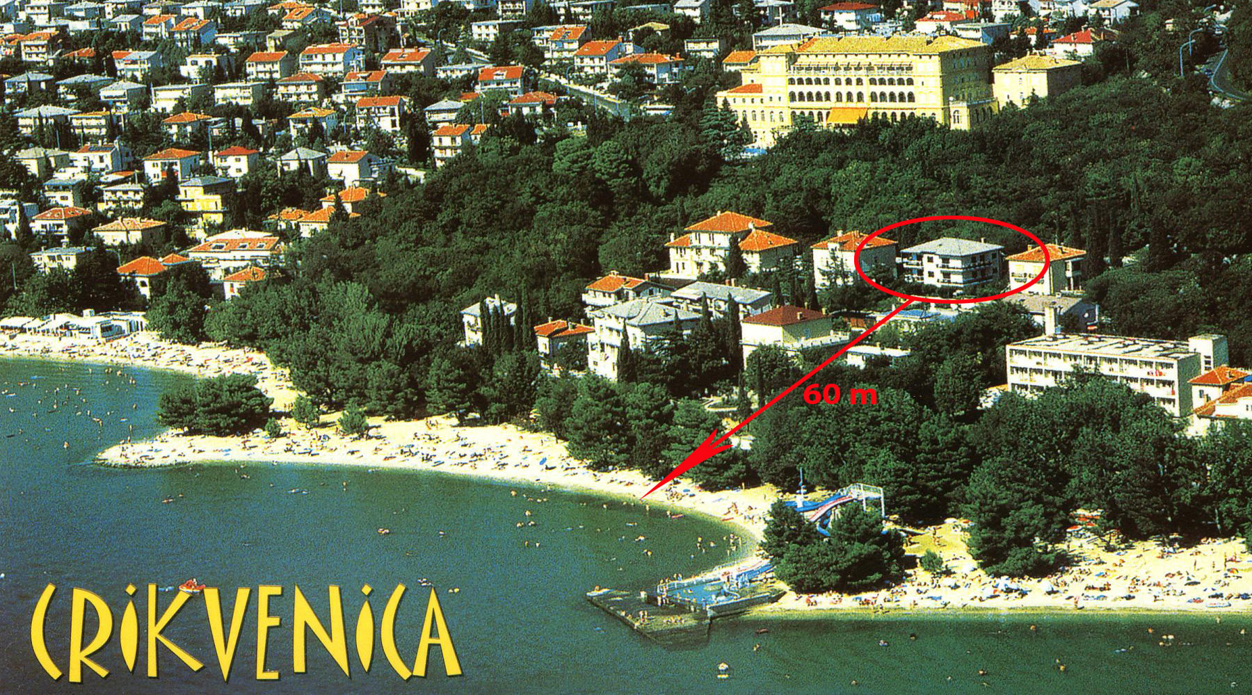 Aerial view of Crikvenica showing Villa Agape’s location 60 metres from Crni Mol Beach