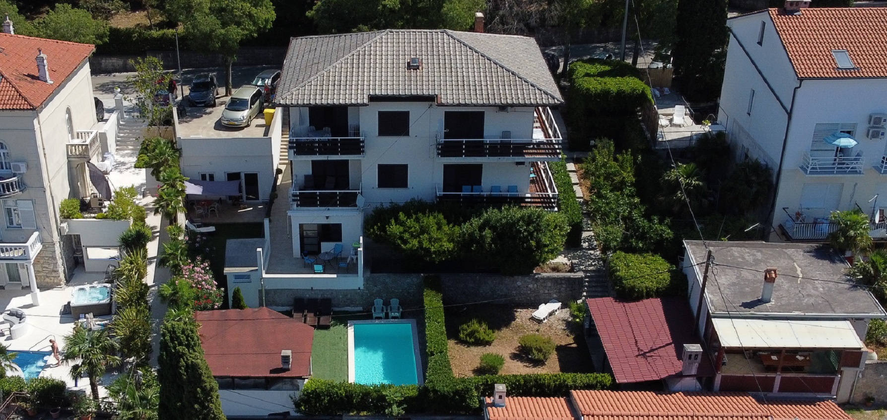 Aerial view of Villa Agape in Crikvenica, with its garden and pool